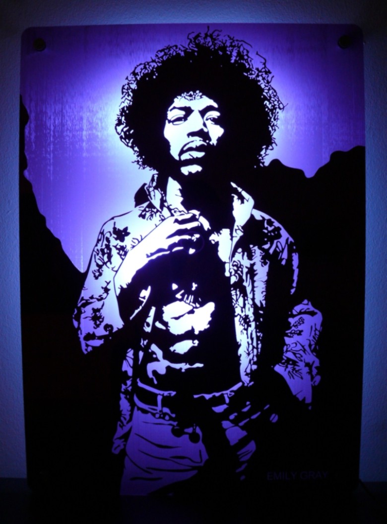 Jimi in Purple mirror , etched and lit by LEDs